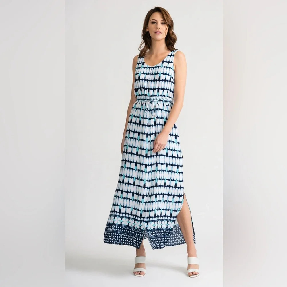 JOSEPH  RIBKOFF Sz 12 Maxi Dress Vanilla Indigo Tie Dye Pattern Belt Scoop Neck